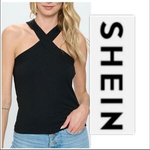 SHEIN Black Ribbed Criss-Cross Halter Top